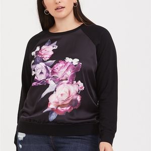Black Floral Satin Front Raglan Sweatshirt
